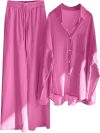 Ensemble Femme 2 Pièces Lin Décontracté - Pantalon Large et Haut Rose